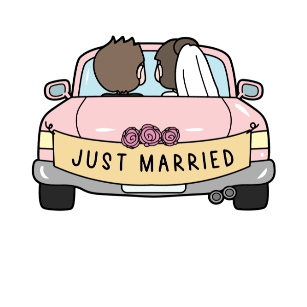 pink car driving away with a just married sign